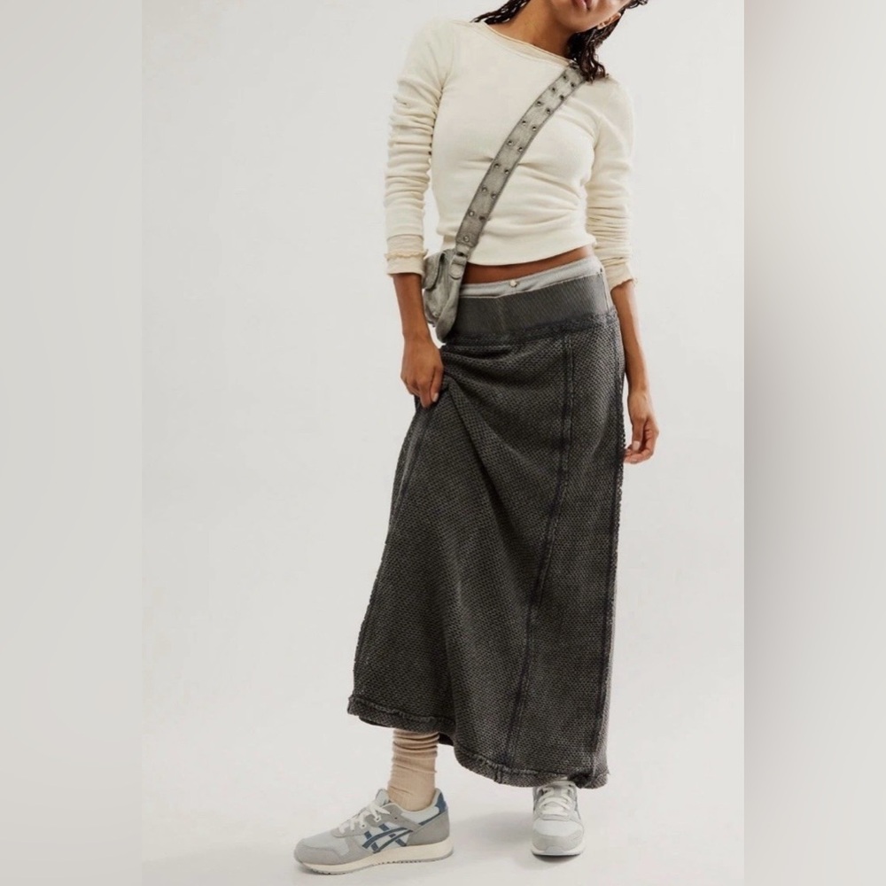 FREE PEOPLE WE THE FREE Beautiful Escape Maxi Waffle Knit Blk Skirt, S